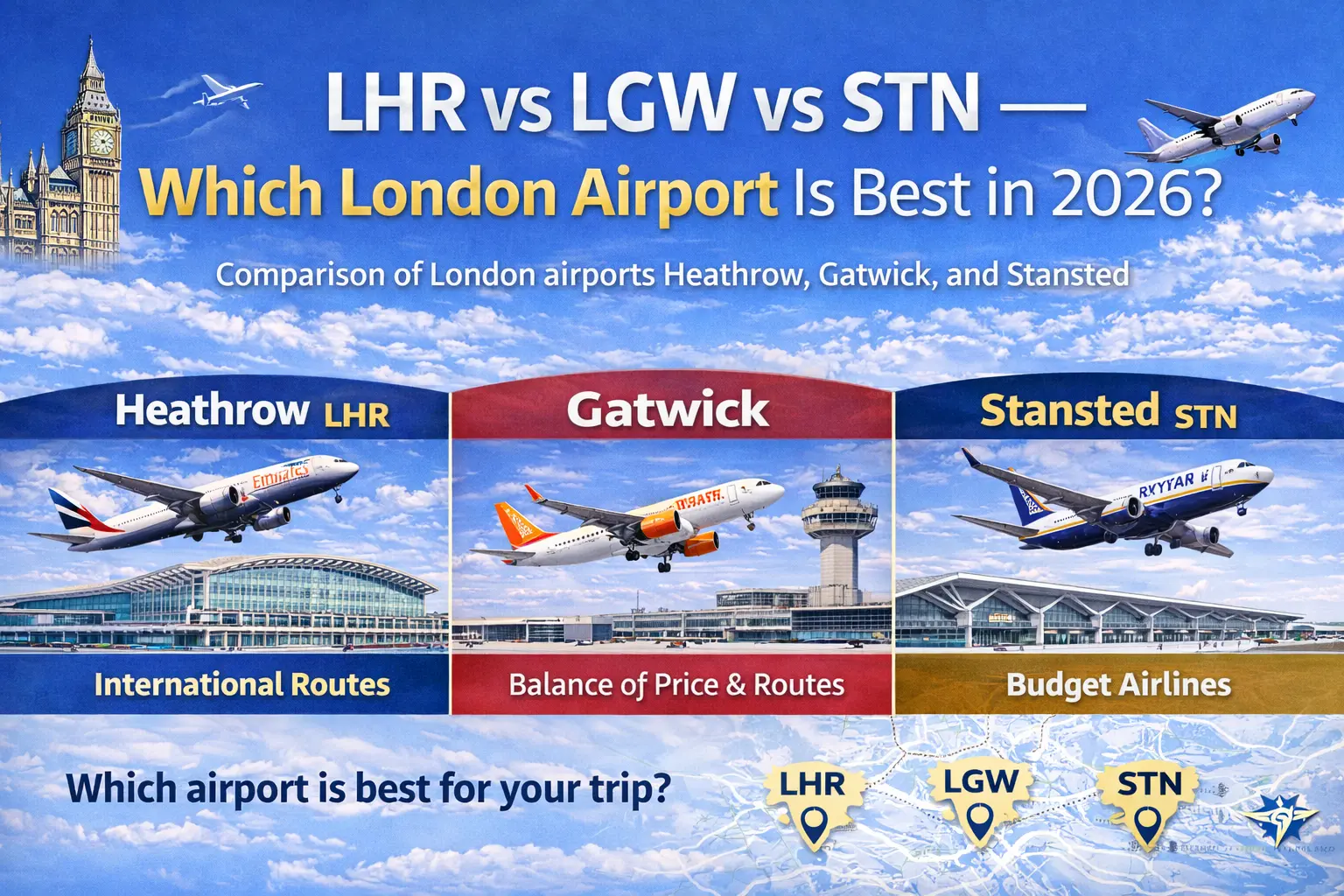 Comparison of London airports Heathrow Gatwick and Stansted